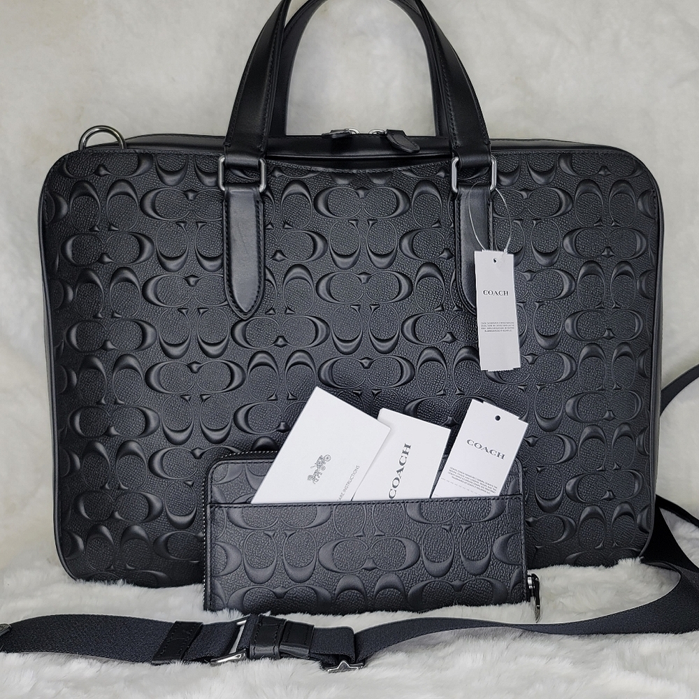 😘 NWT Coach 2 SET Laptop Bag Briefcase Wallet Designer Signature Embossed - Picture 7 of 14